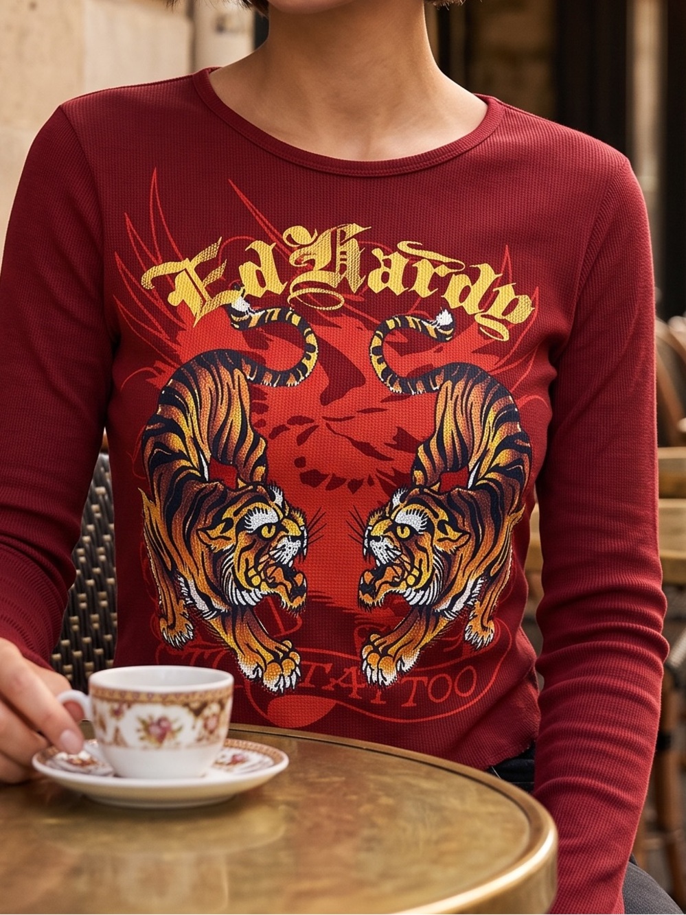 Ed Hardy Red Burgundy Long-Sleeve Shirt Tiger Graphic Waffle Knit Crop Top Large